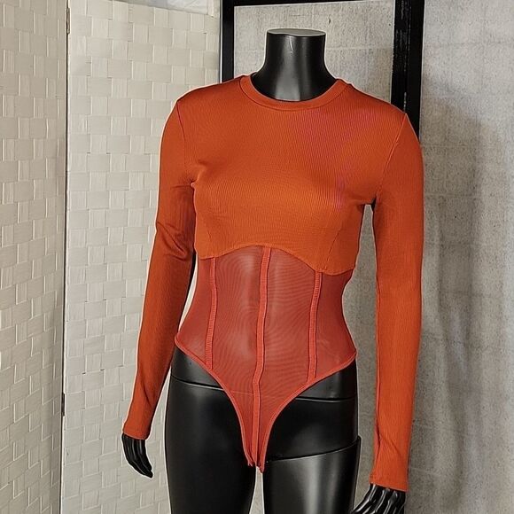 BRAND NEW LONG SLEEVES MESH INSERT HIGH NECK SOLID SHEER THONG SNAP BODYSUIT - Picture 5 of 16